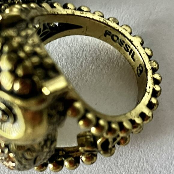 FOSSIL Owl Locket Cocktail Ring SZ 8 Hinged Opening Gold Tone With Rhinestones - Picture 6 of 6